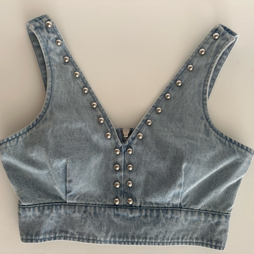 House of Harlow 1960 Sky Blue High Rise Studded Denim Pant & Top Set